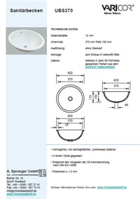Varicor Waschbecken Modell UBS370 PDF