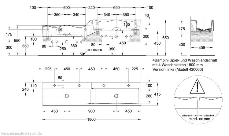 Waschrinne Version links Technische Zeichnung 4 Bambini