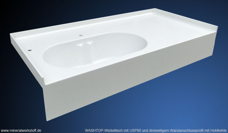 Wickeltisch mit USP80 und dreiseitigem Wandaschlussprofil mit Hohlkehle