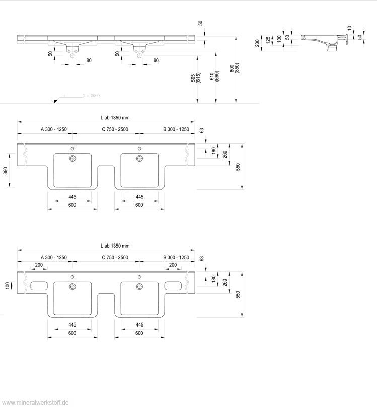Technische Zeichnung Dejuna Pro Doppelwaschtisch