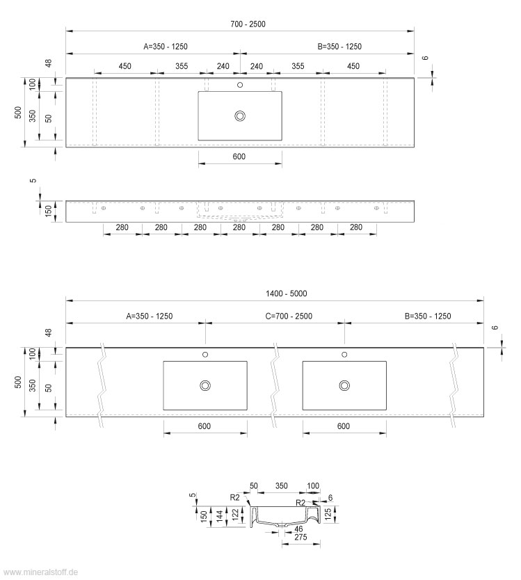 Technische Zeichnung Waschtisch Varicor Piano60