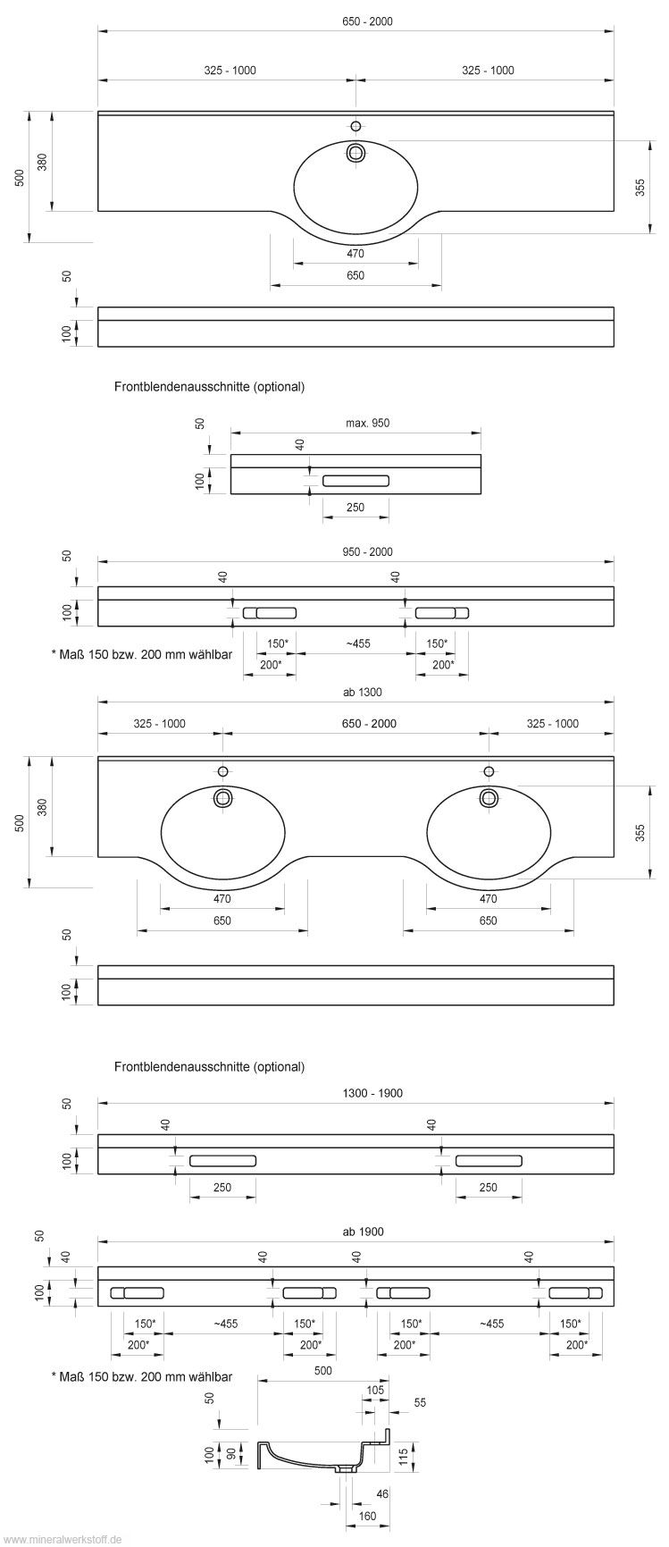 Technische Zeichnung Sinus Waschtisch aus Varicor