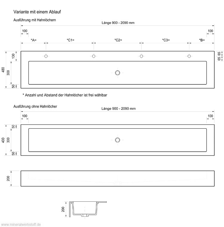 Varicor Waschrinne technische Zeichnung