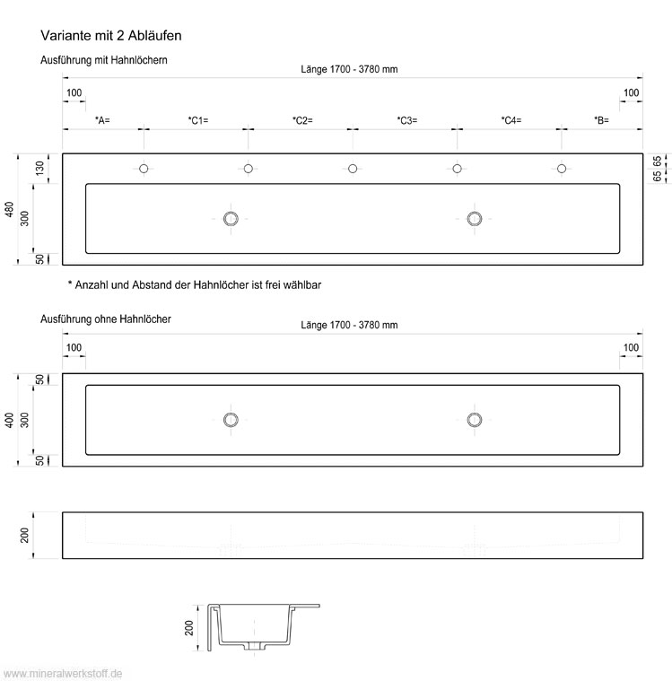 Varicor Waschrinnen nach Ma technische Zeichnung