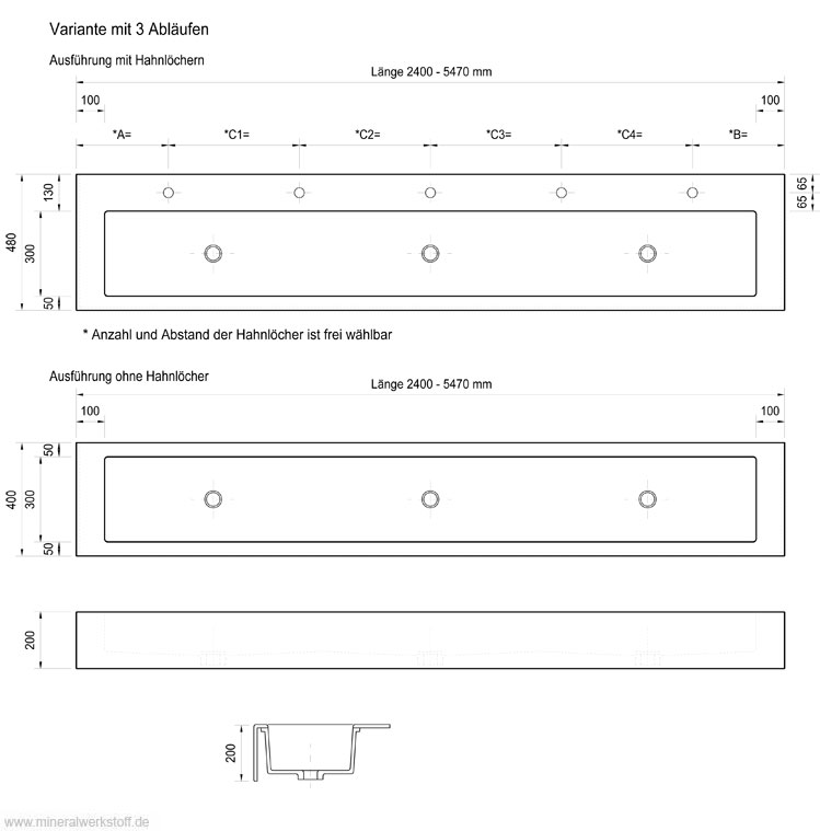 technische Zeichnung Varicor Waschrinnen