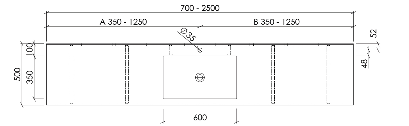 Technische Zeichnung Draufsicht Waschtisch Varicor Piano60