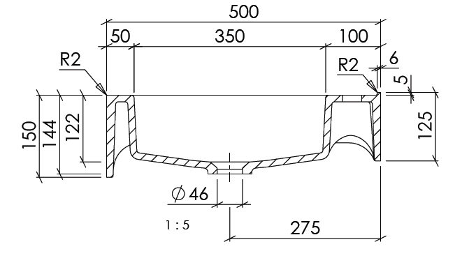 Technische Zeichnung Seitenansicht Waschtisch Varicor Piano60